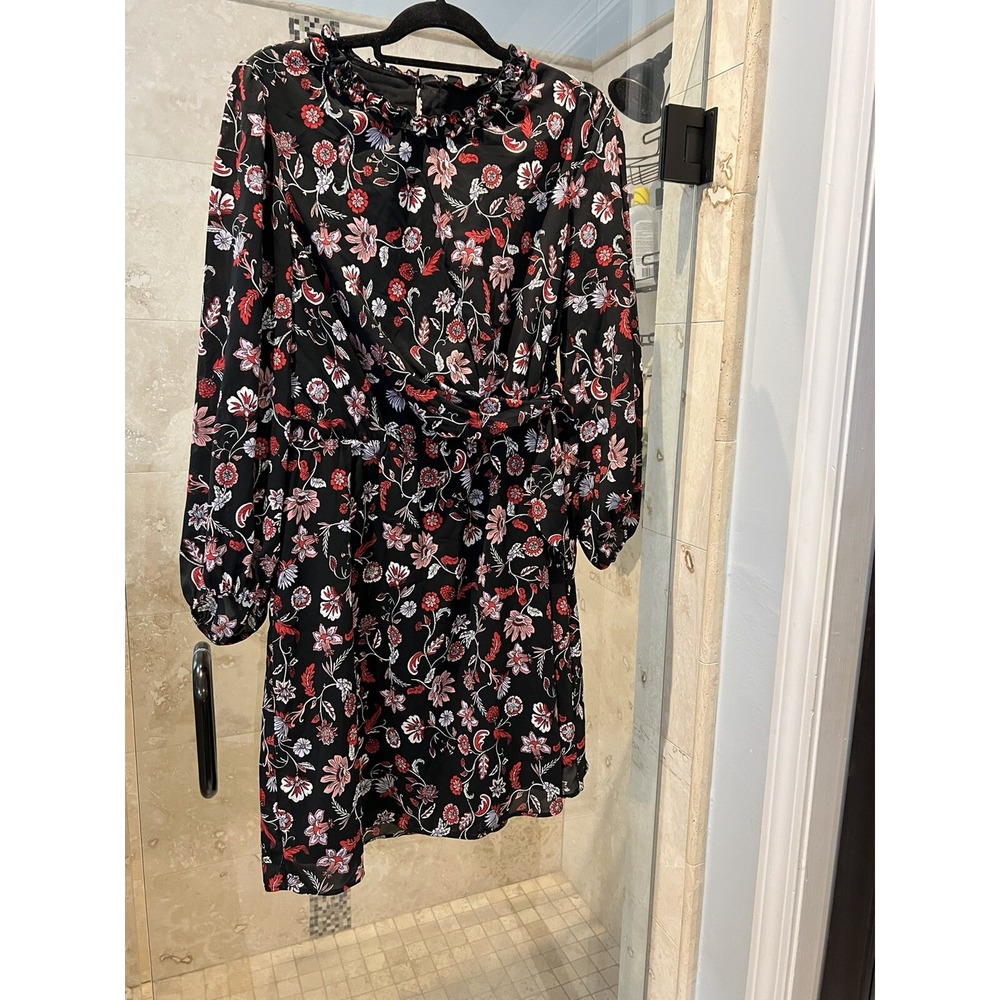 Banana Republic 12 Chiffon Red Black Puff-Sleeve Mock Wrap Dress Floral L Large
